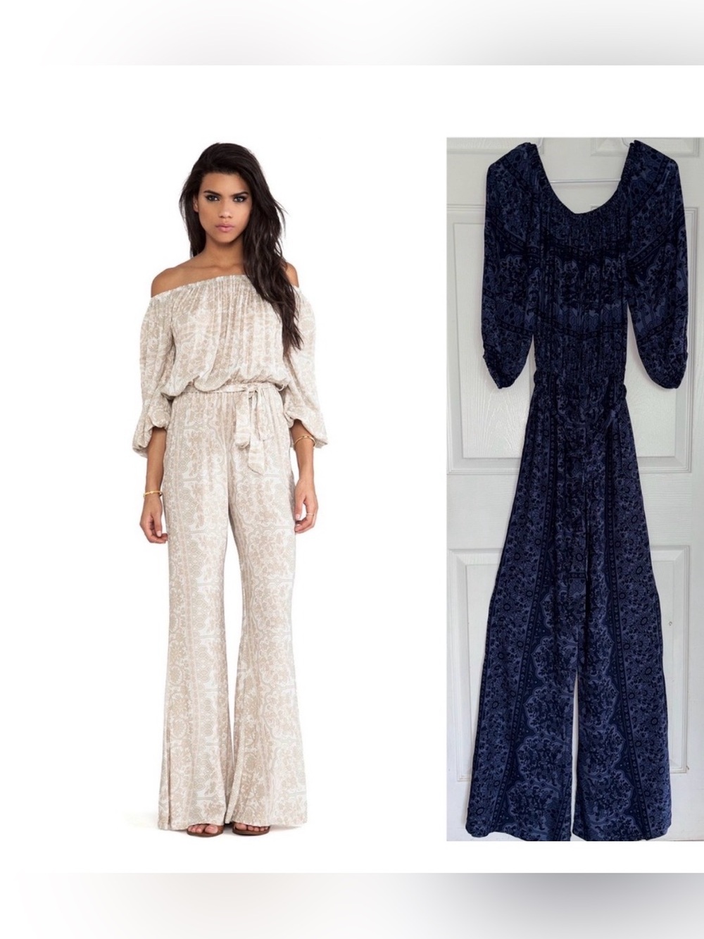 Novella‎ Royale Rosewood Jumpsuit Sz S Blue Floral Paisley Off Shoulder Wide Leg